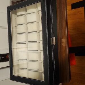 Black Leather Jewelry Organizer with Glass Lid